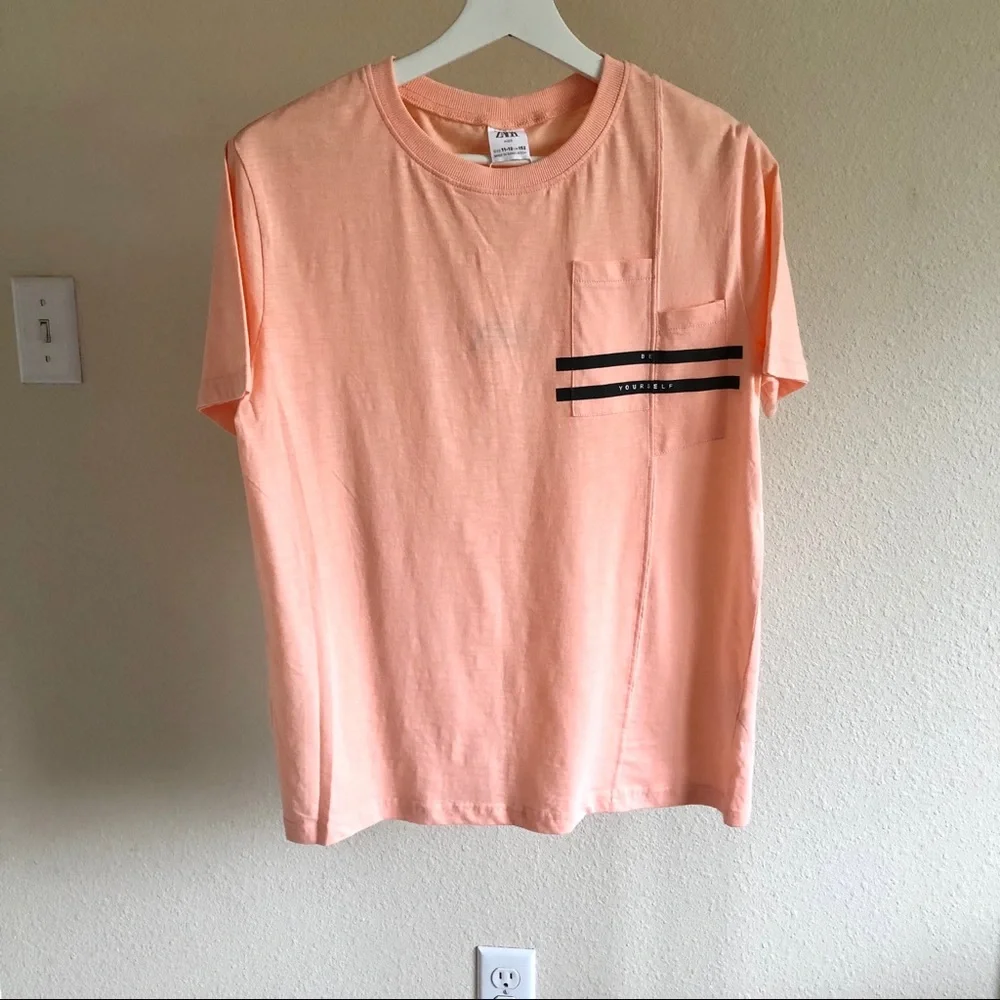 NWT Zara Kids Peach / Black “Be Yourself” Split Pocket T-Shirt Size 11-12